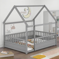 Full Size Floor Wooden Bed with House Roof Frame, Fence Guardrails,Grey
