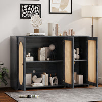 Retro 3-Door Accent Cabinet with Rattan Doors and Metal Handles for Living Room and Hallway Antique Black