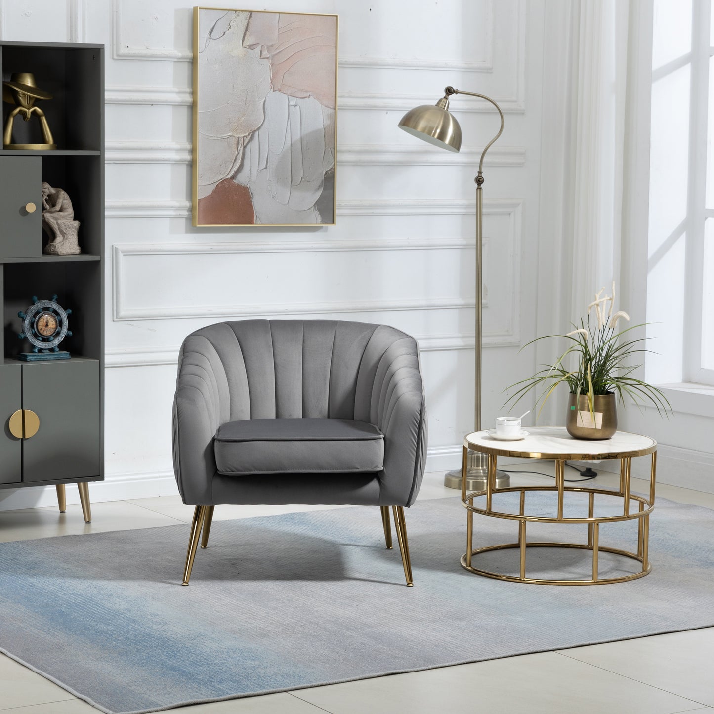 Modern Velvet Accent Chair and Ottoman Set Tufted Barrel Design for Living Room Bedroom Grey with Golden Finish