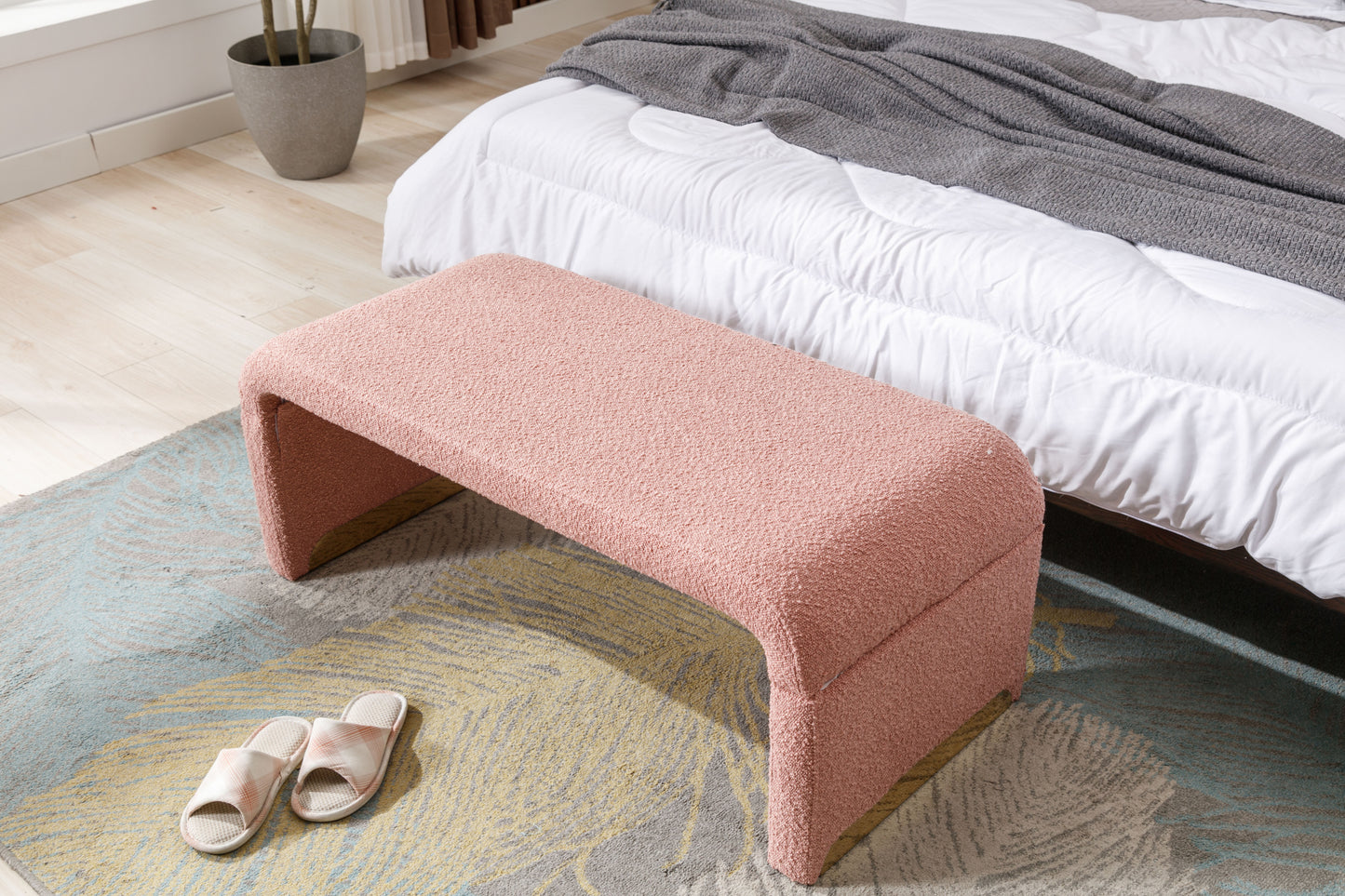 Boucle Fabric Loveseat Ottoman Footstool Bedroom Bench Shoe Bench with Gold Metal Legs Coffee Pink