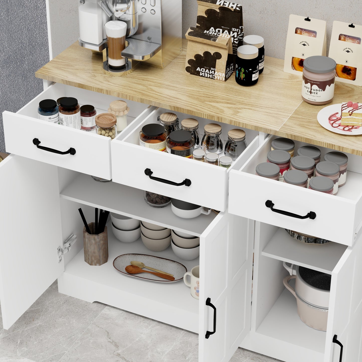 Farmhouse Buffet Cabinet Storage Sideboard with 3 Drawers and 3 Doors for Dining Room Kitchen Cupboard White