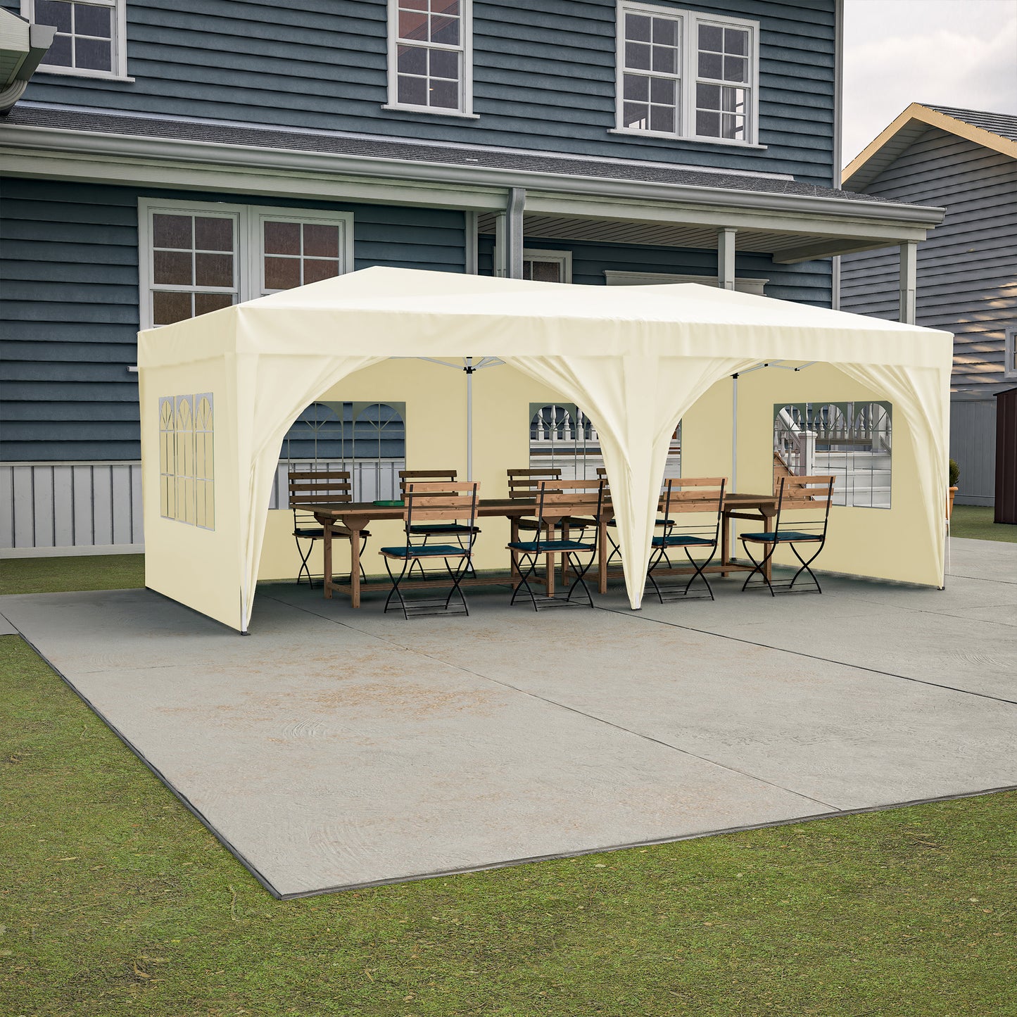 10x20 Beige Pop Up Canopy Tent with 6 Sidewalls Waterproof Commercial Outdoor Shelter Adjustable Heights Carry Bag Sand Bags, Ropes,Stakes