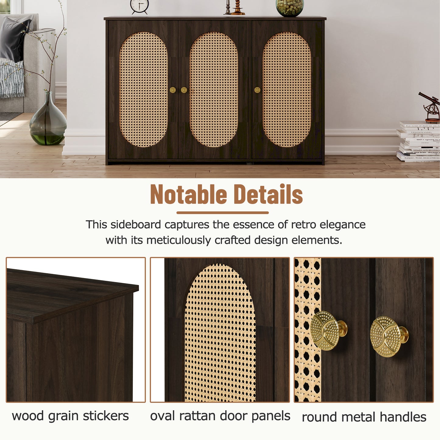 Retro 3-Door Accent Cabinet with Rattan Doors and Metal Handles for Living Room and Hallway Storage Brown