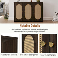 Retro 3-Door Accent Cabinet with Rattan Doors and Metal Handles for Living Room and Hallway Storage Brown