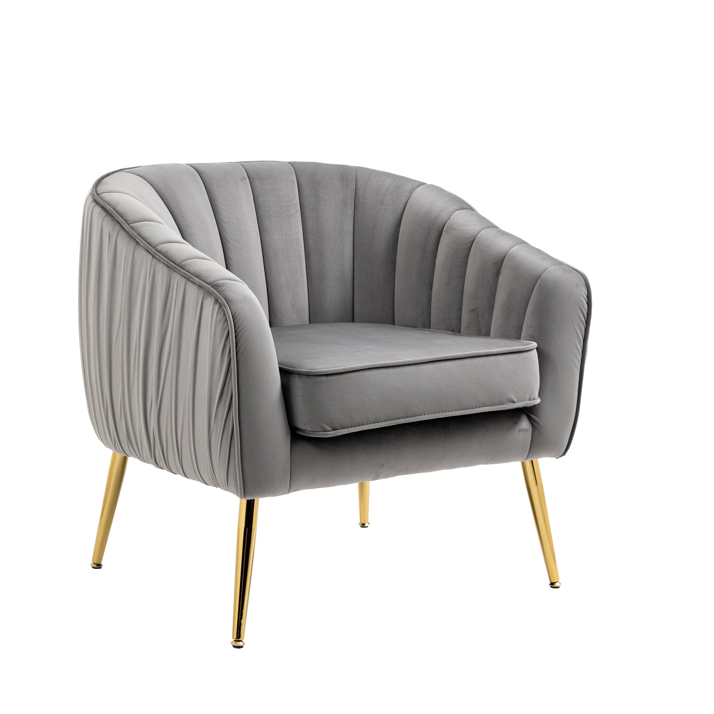 Modern Velvet Accent Chair and Ottoman Set Tufted Barrel Design for Living Room Bedroom Grey with Golden Finish