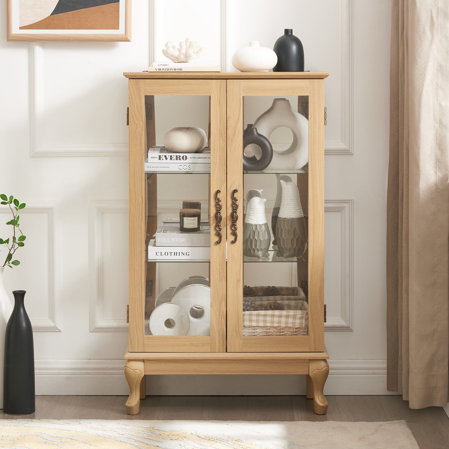 Elegant Oak Curio Cabinet with Glass Doors Adjustable Shelves Mirrored Back Lighted Display for Home Office