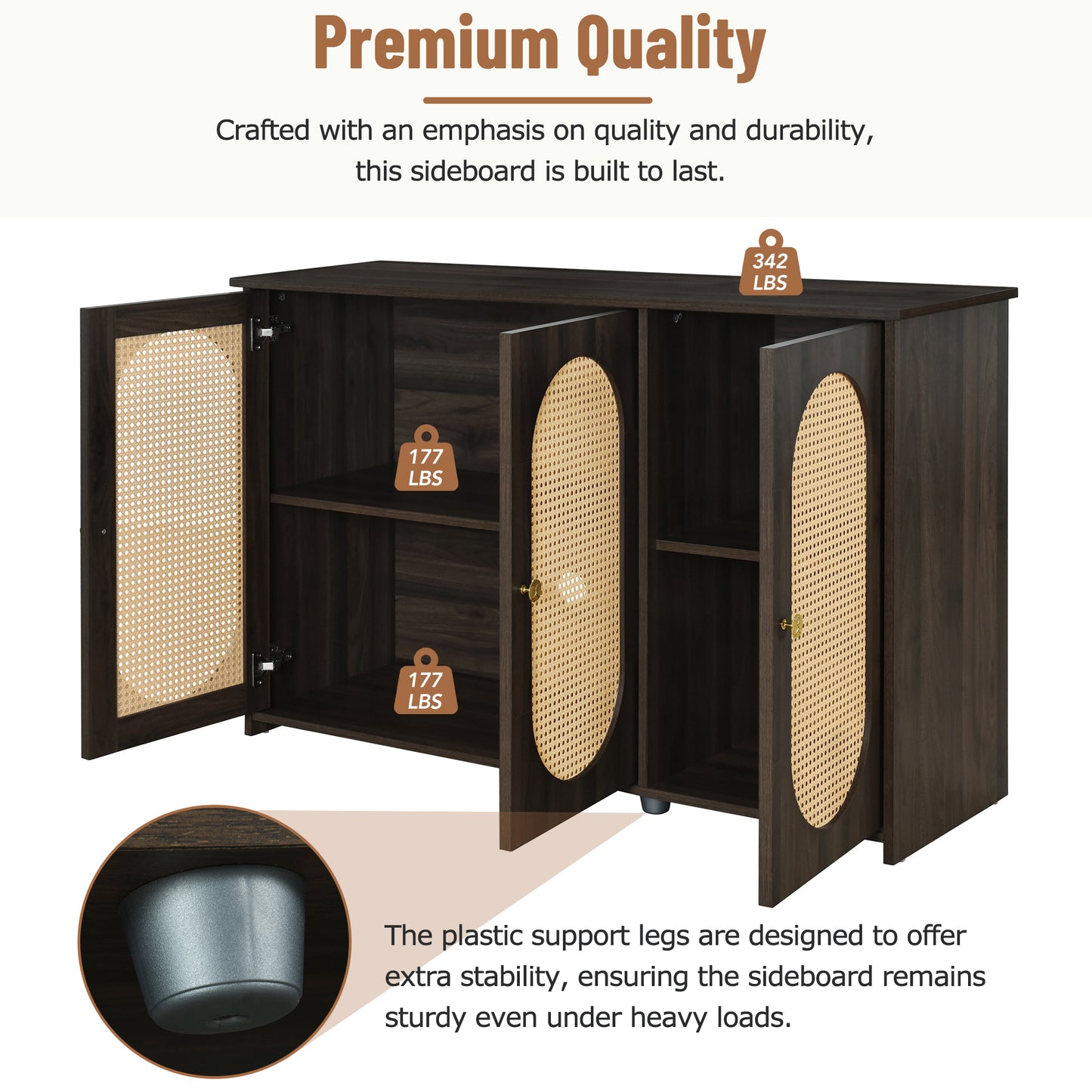 Retro 3-Door Accent Cabinet with Rattan Doors and Metal Handles for Living Room and Hallway Storage Brown