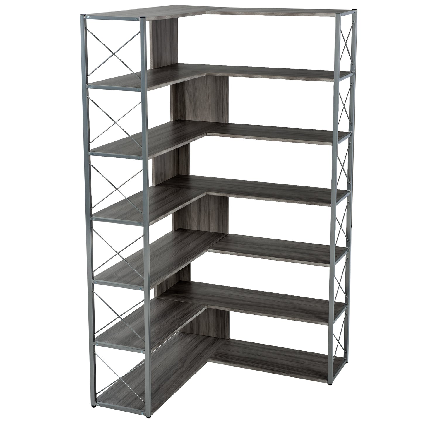 L-Shaped 7-Tier Corner Bookcase Industrial Style Metal Frame Open Storage Shelf MDF Board Home Office Furniture