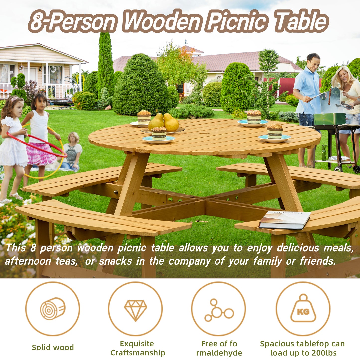 8 Person Round Picnic Table with Built-in Benches and Umbrella Hole for Garden Backyard Patio