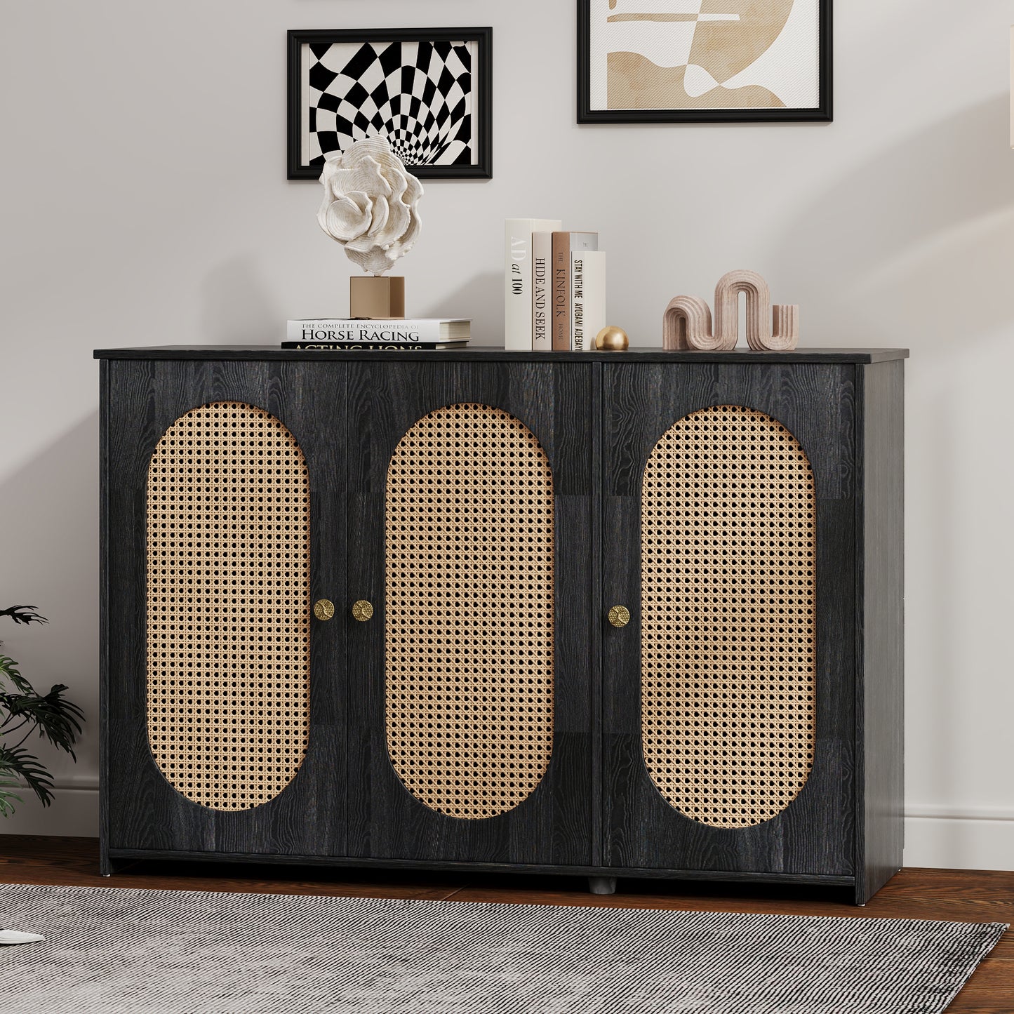 Retro 3-Door Accent Cabinet with Rattan Doors and Metal Handles for Living Room and Hallway Antique Black