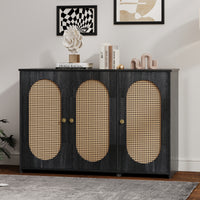 Retro 3-Door Accent Cabinet with Rattan Doors and Metal Handles for Living Room and Hallway Antique Black
