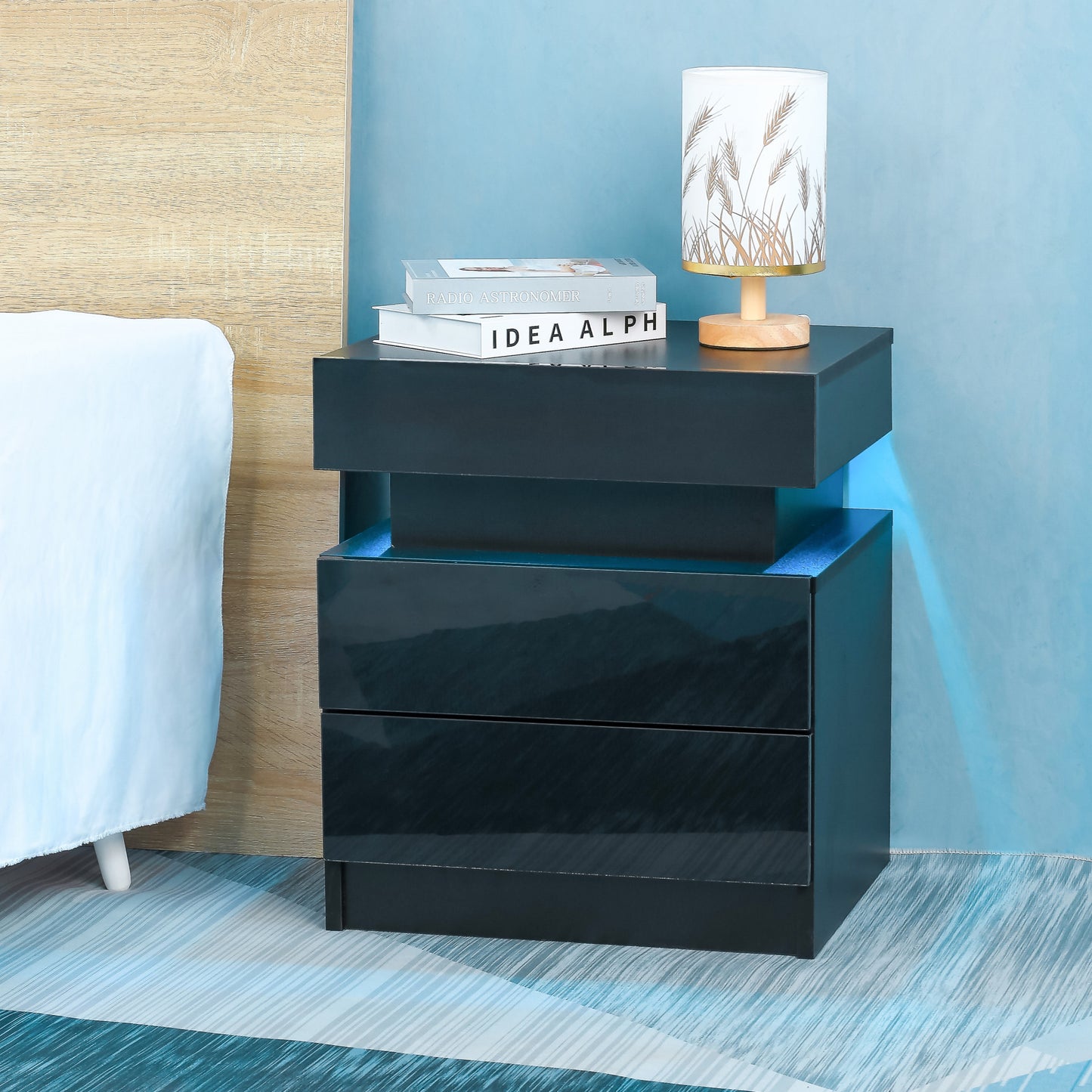 Modern Black LED Nightstand with Glossy Drawers Bedside Table for Bedroom Storage