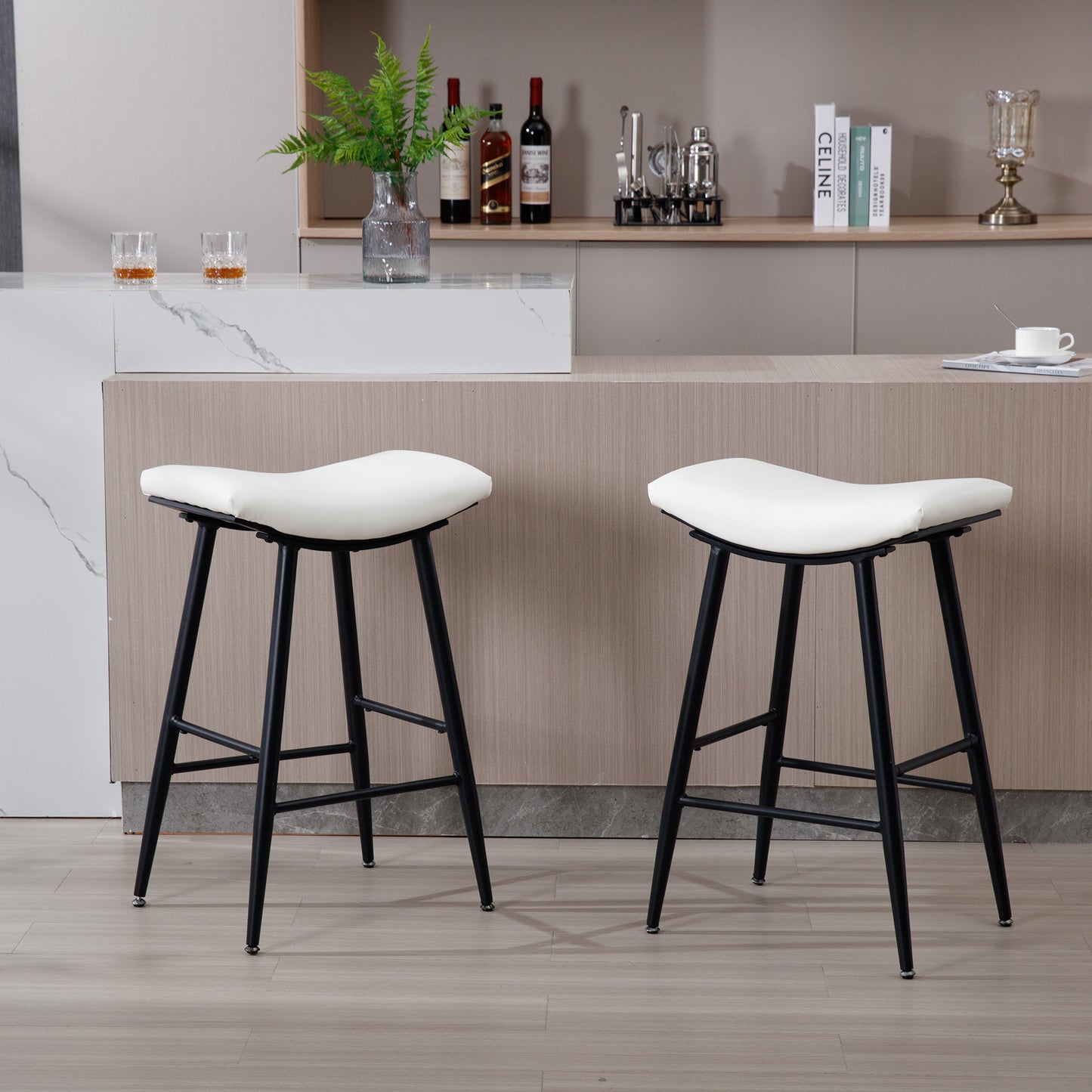 Armless Counter Height Bar Stools Set of 2 Modern PU Leather Cream Metal Legs Footrest