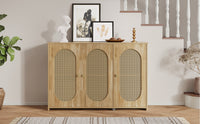 Retro 3-Door Accent Cabinet with Rattan Doors and Metal Handles Stylish Storage Solution for Living Room and Hallway Natural Wood Finish