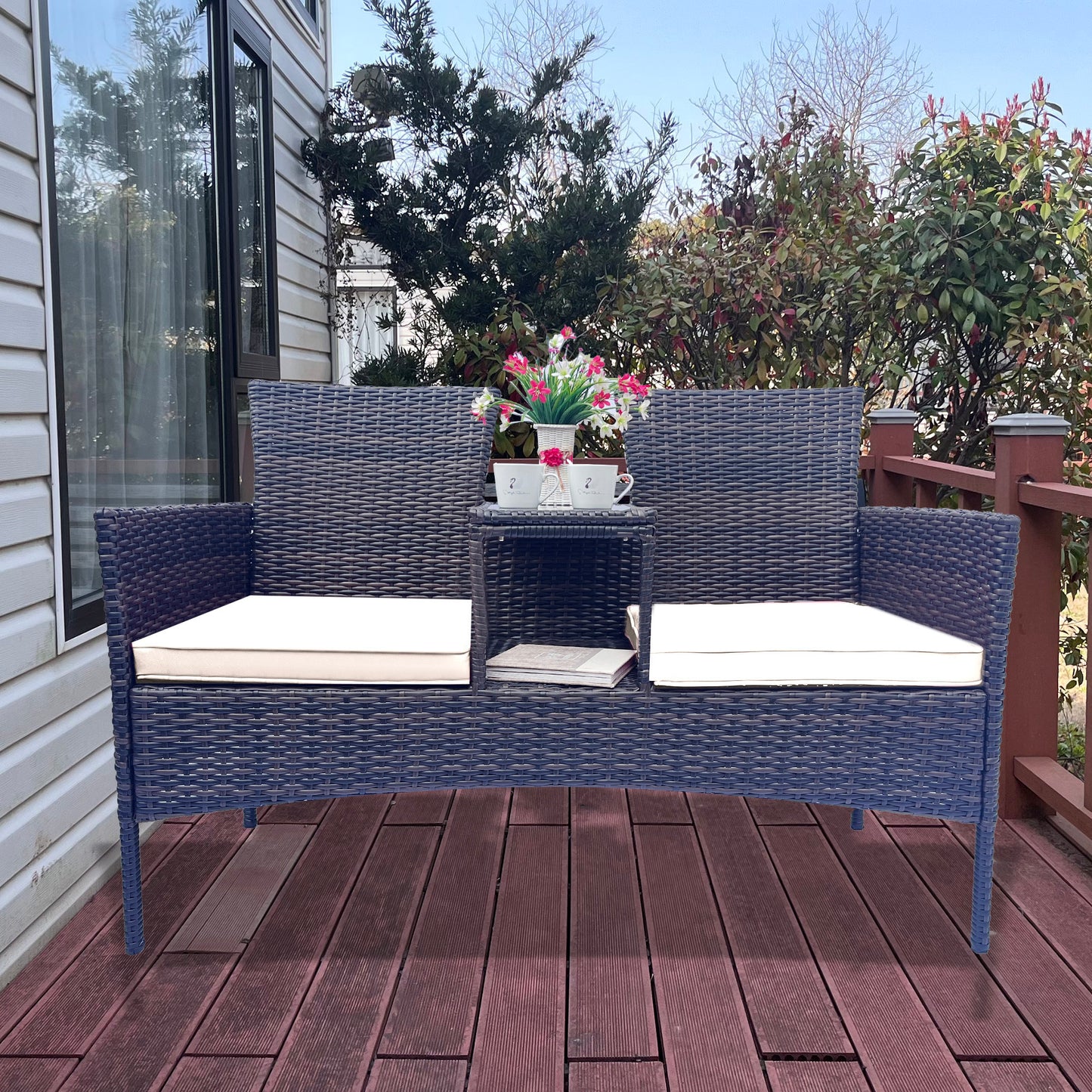 Modern Wicker Patio Conversation Set with Removable Cushions and Tempered Glass Table for Garden and Backyard