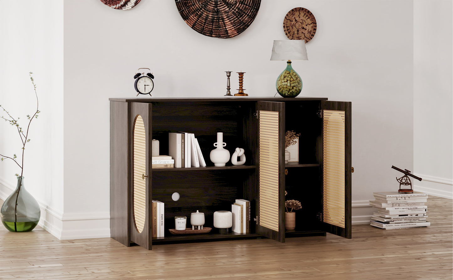 Retro 3-Door Accent Cabinet with Rattan Doors and Metal Handles for Living Room and Hallway Storage Brown