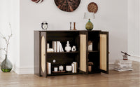 Retro 3-Door Accent Cabinet with Rattan Doors and Metal Handles for Living Room and Hallway Storage Brown