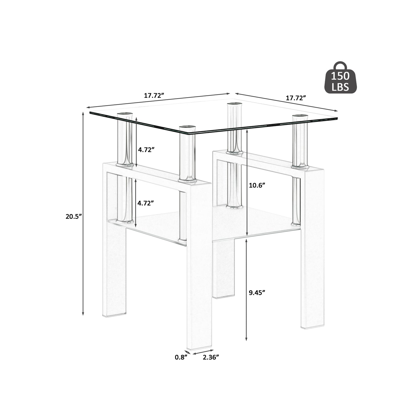 Set of 2, Modern Tempered Glass Tea Table Coffee Table End Table, Square Table for Living Room, Transparent/White