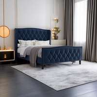 Modern Upholstered Full Size Bed Frame with Wingback Headboard Velvet Platform Bed Easy Assembly No Box Spring Needed Blue