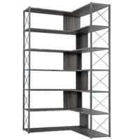 L-Shaped 7-Tier Corner Bookcase Industrial Style Metal Frame Open Storage Shelf MDF Board Home Office Furniture