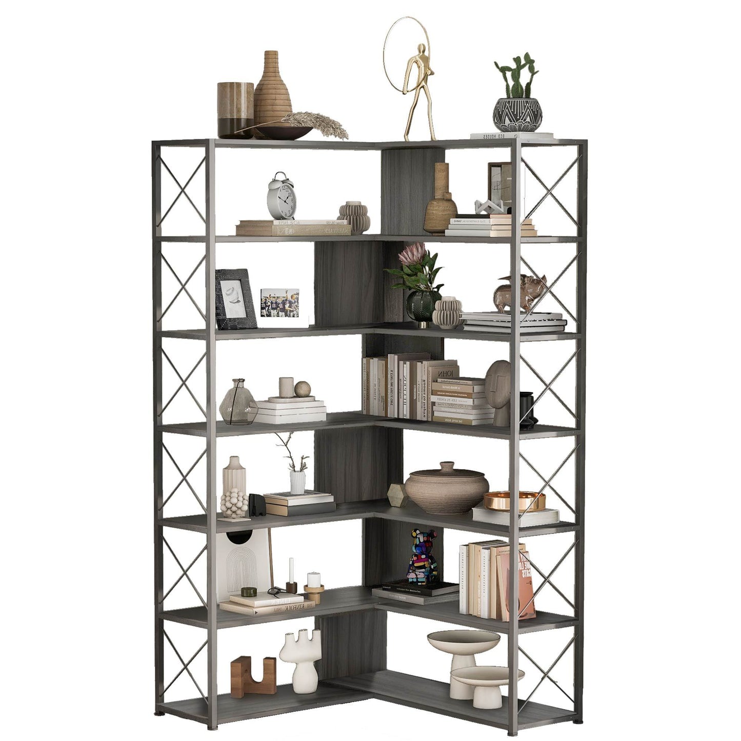 L-Shaped 7-Tier Corner Bookcase Industrial Style Metal Frame Open Storage Shelf MDF Board Home Office Furniture