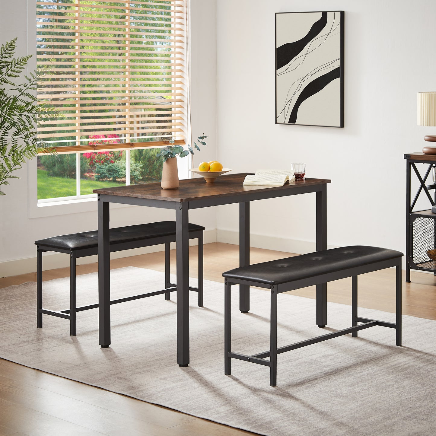 Industrial Rustic Dining Table Set with 2 PU Upholstered Benches for Kitchen and Living Room 43.3L x 23.6W x 29.9H
