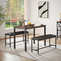 Industrial Rustic Dining Table Set with 2 PU Upholstered Benches for Kitchen and Living Room 43.3L x 23.6W x 29.9H
