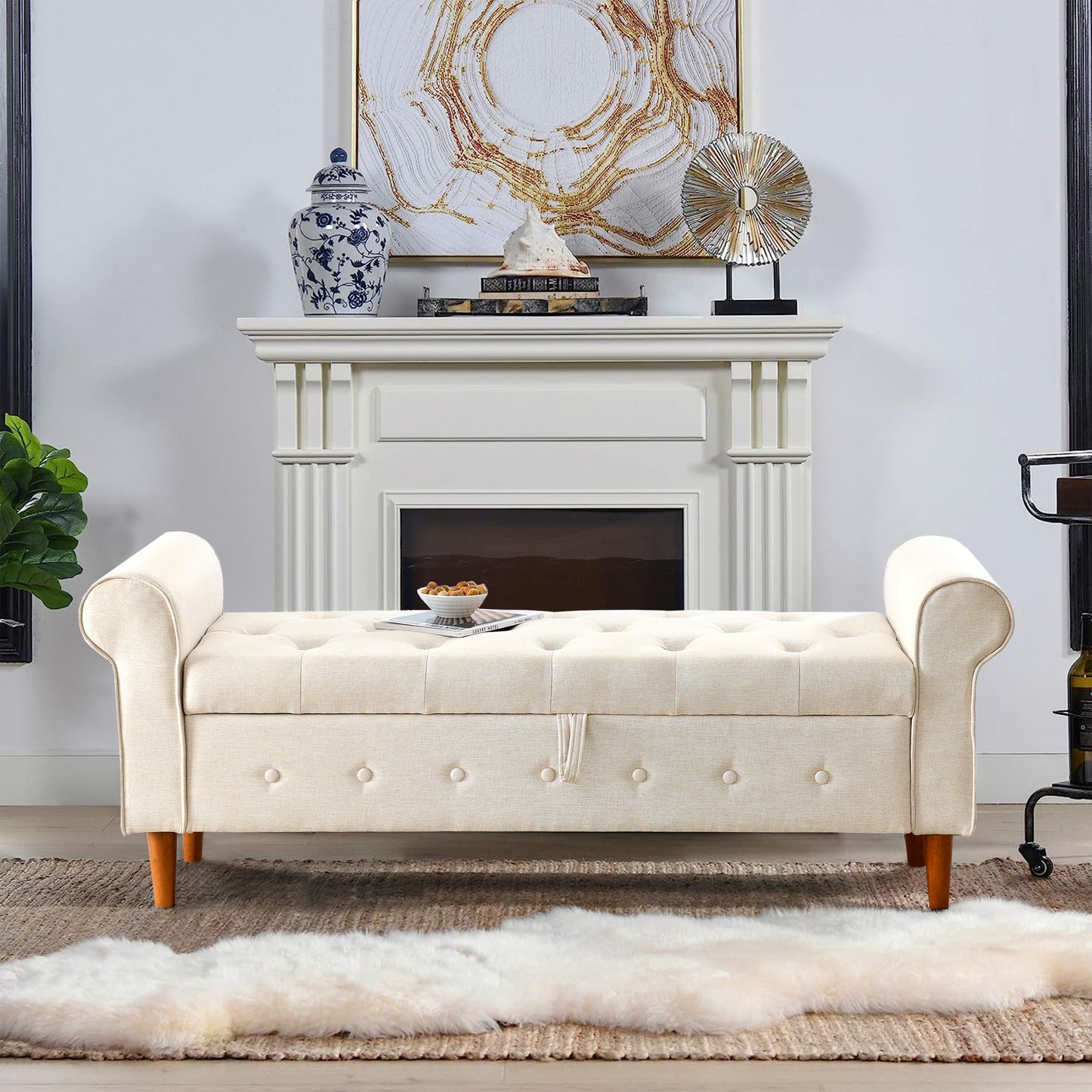 62 Inch Tufted Button Storage Bench Modern Fabric Ottoman Rolled Arm Design for Bedroom Living Room Foyer Beige