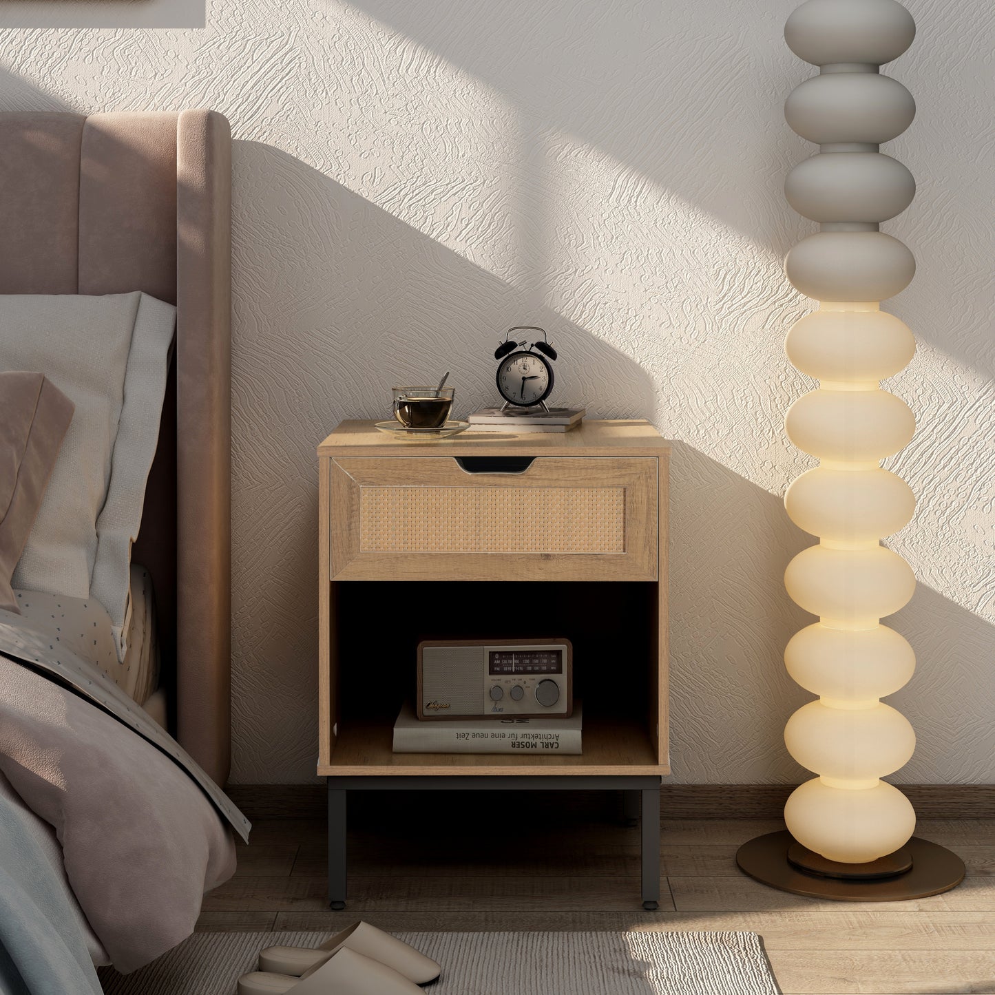 Mid Century Modern Nightstand with Rattan Door Storage and Metal Legs for Small Spaces