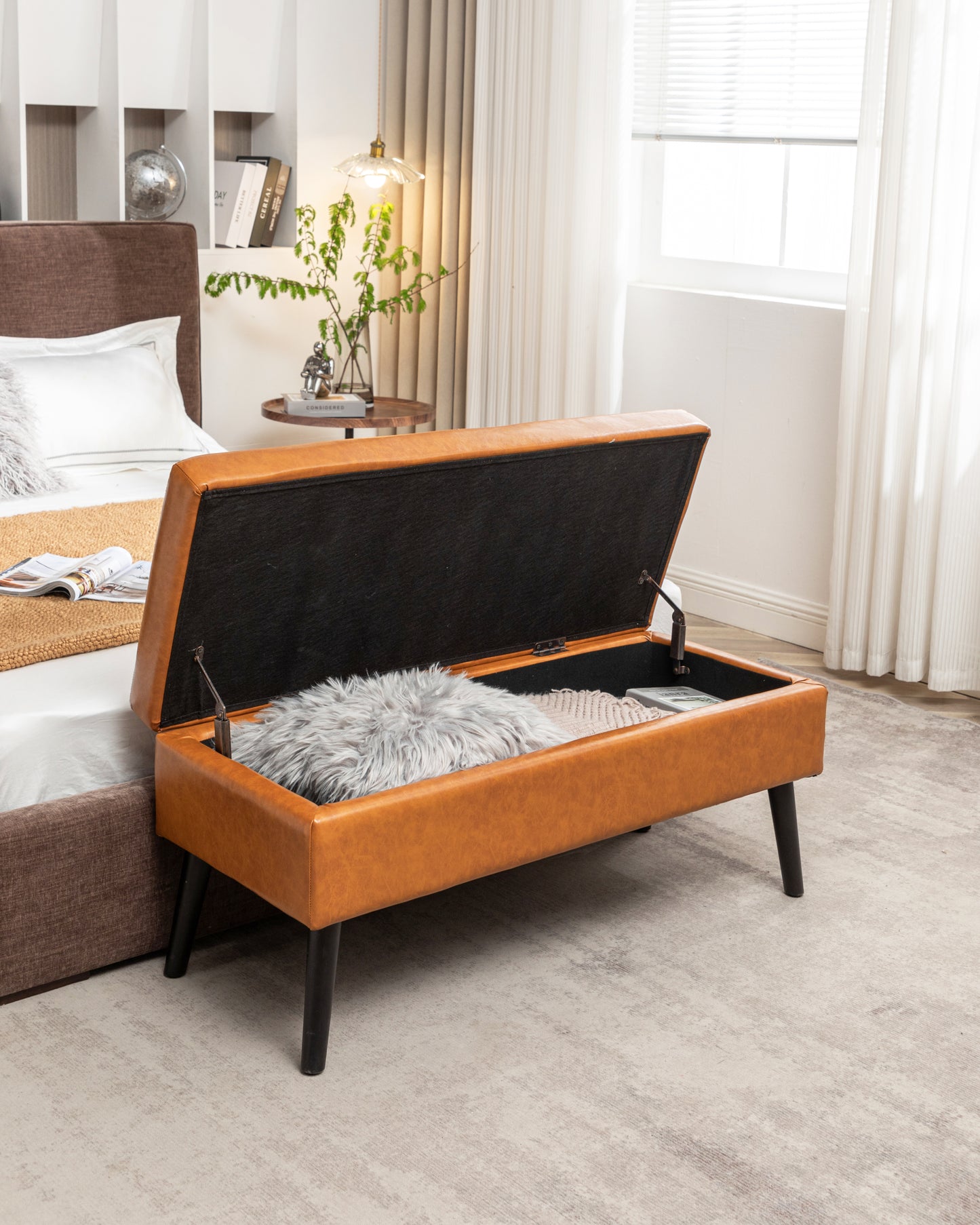 Brown Leather Storage Bench for Bedroom Entryway 43.3" Stylish Ottoman at Foot of Bed