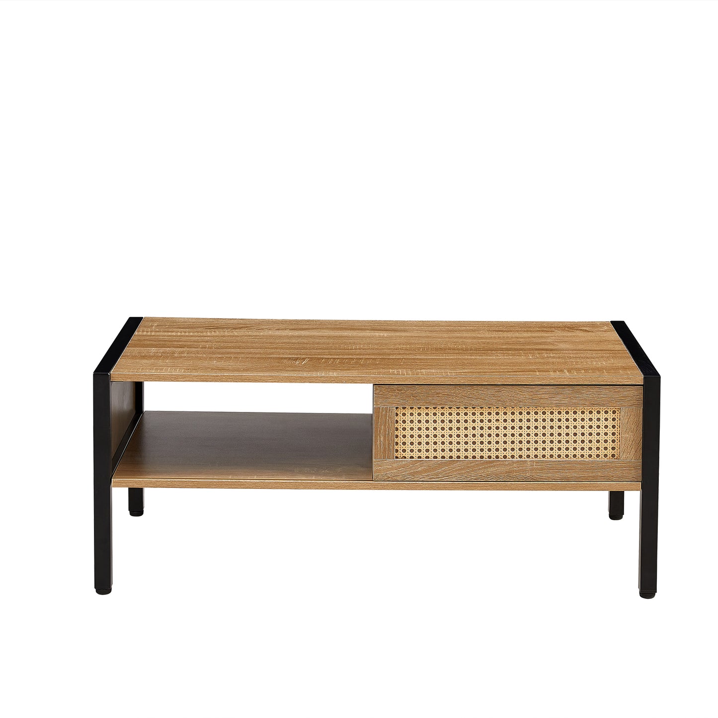 40.16 Inch Rattan Coffee Table with Sliding Door Storage and Metal Legs Modern Living Room Furniture Natural Design