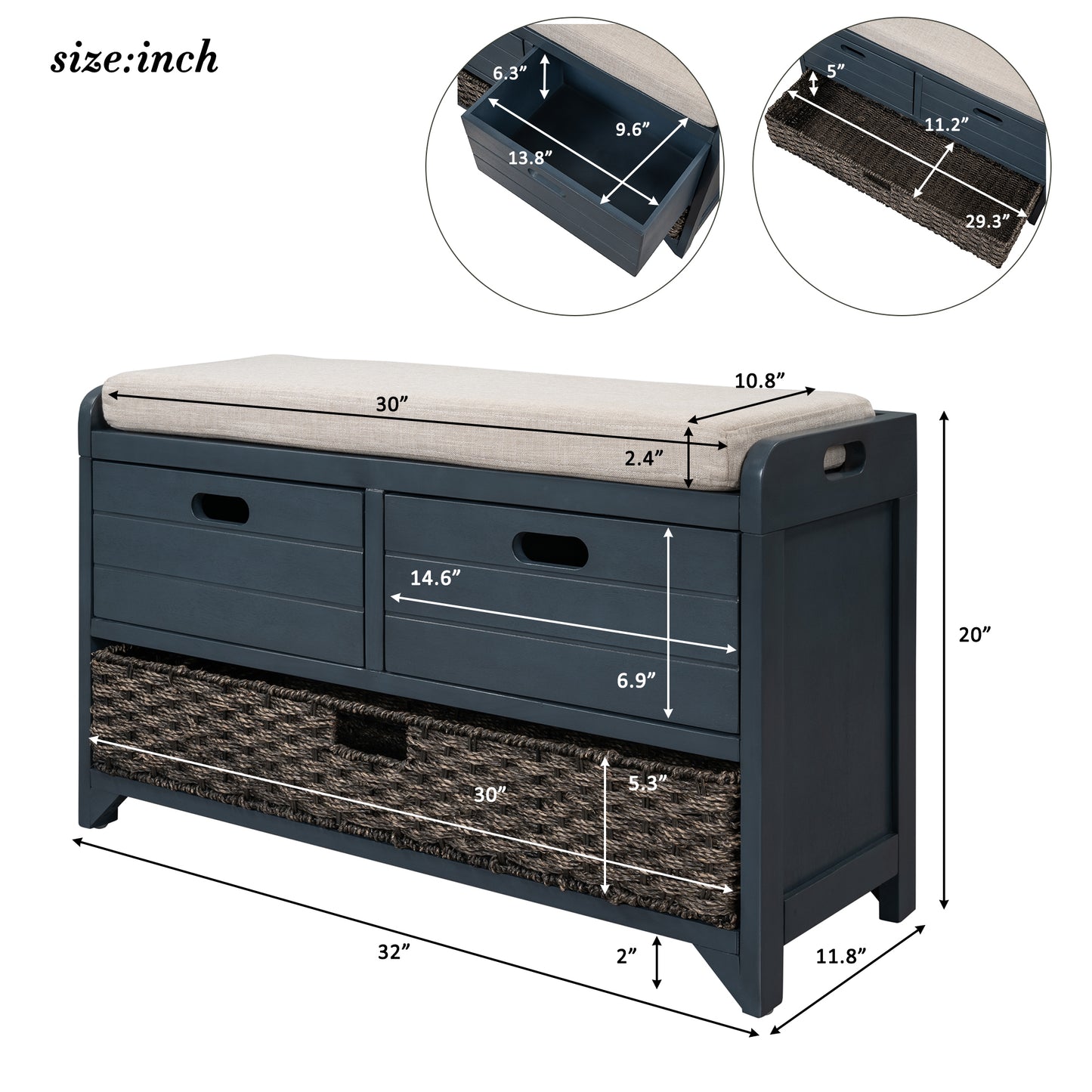 Storage Bench with Removable Basket and 2 Drawers Fully Assembled Shoe Bench with Cushion Navy