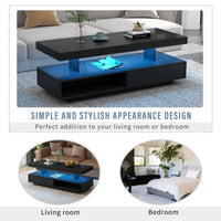 Modern LED Coffee Table with Storage and Display Shelves, Black Center Table with 2 Drawers for Living Room