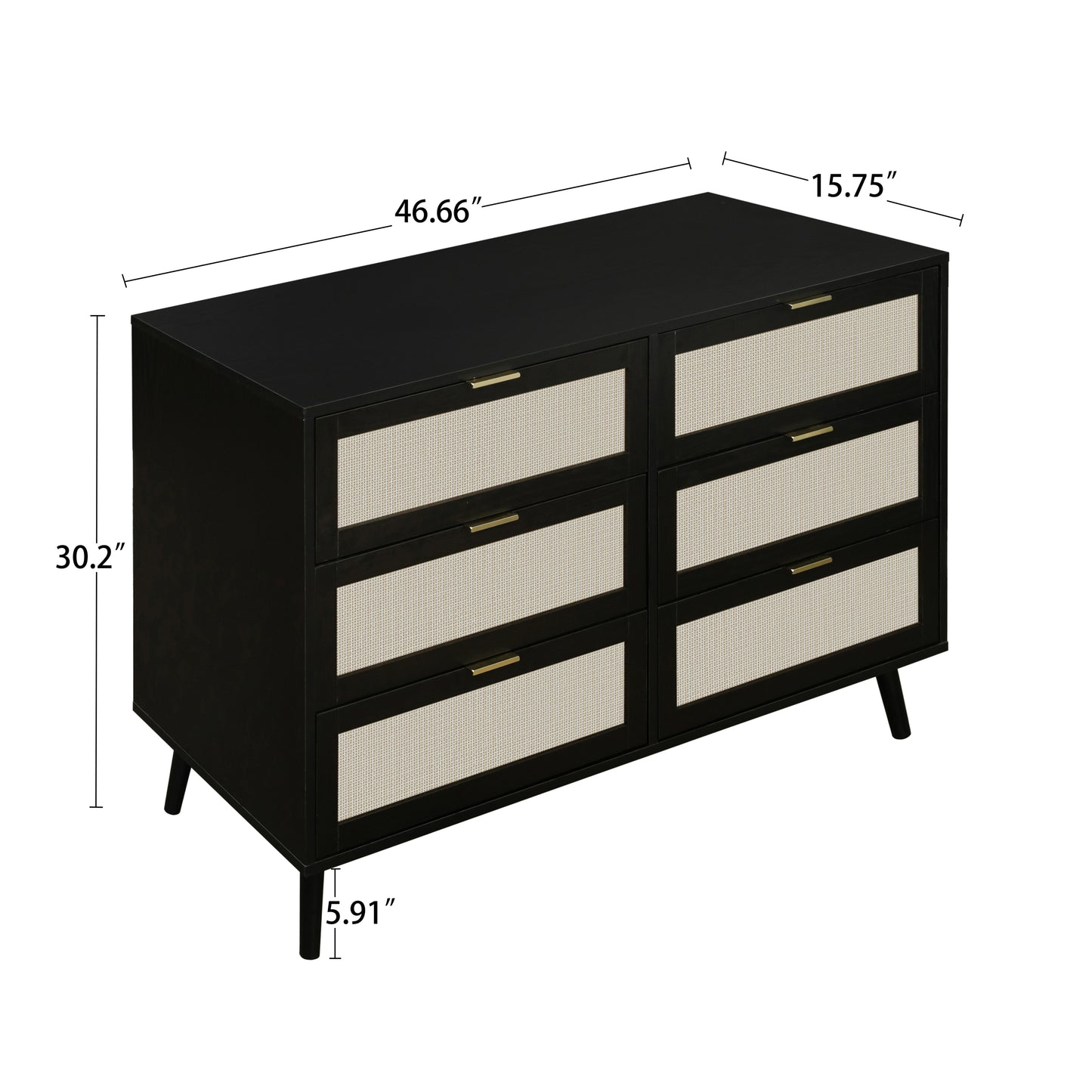 Modern 6 Drawer Dresser Black Wood Storage Cabinet for Bedroom or Living Room Furniture