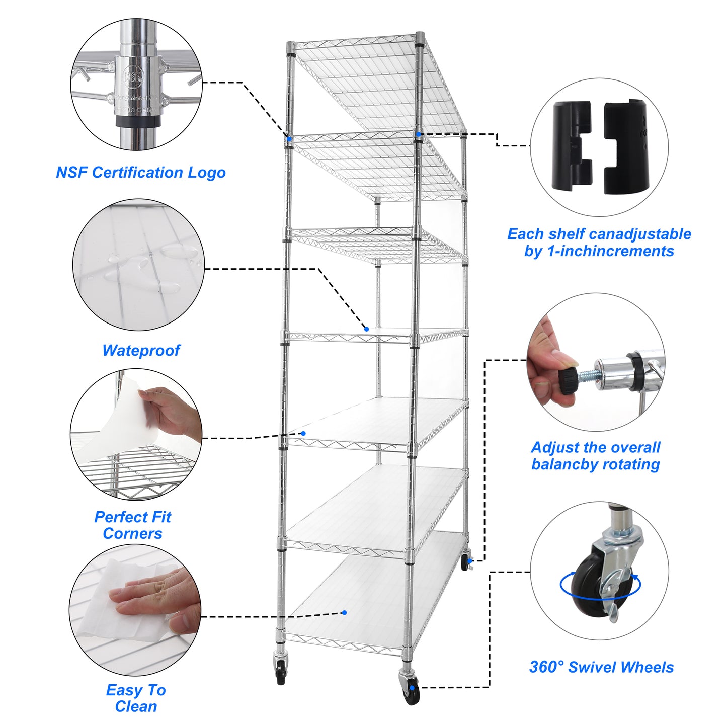 7 Tier Heavy Duty Wire Shelving Unit 2450 LBS Capacity Height Adjustable Metal Storage Shelves with Wheels for Garage and Kitchen