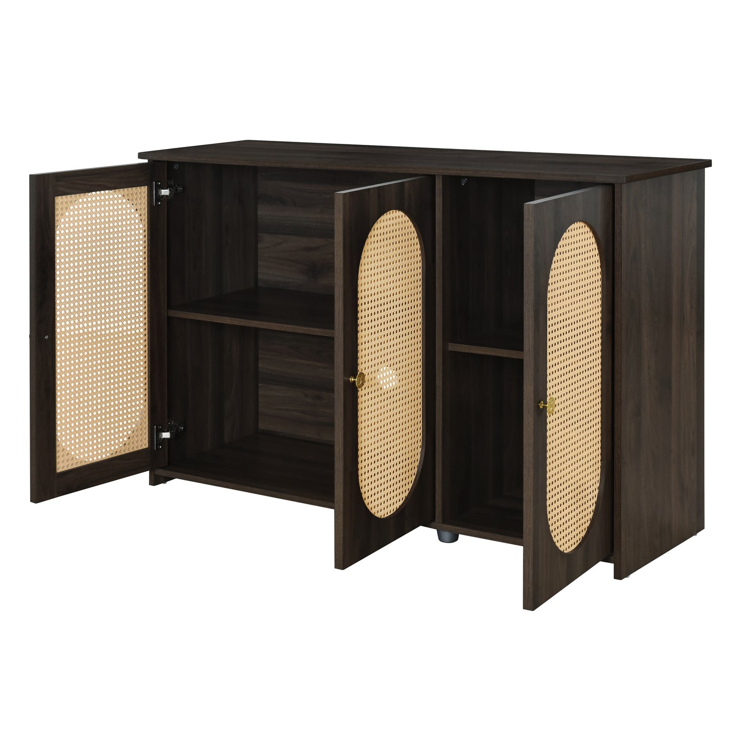 Retro 3-Door Accent Cabinet with Rattan Doors and Metal Handles for Living Room and Hallway Storage Brown