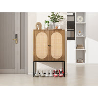 Natural Rattan High Cabinet with 2 Doors, Built-in Adjustable Shelf, Easy Assembly Free Standing Storage for Living Room or Bedroom