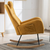 35.5 inch Rocking Chair with Pocket, Soft Teddy Fabric Rocking Chair for Nursery, Comfy Wingback Glider Rocker with Safe Solid Wood Base for Living Room Bedroom Balcony (TURMERIC)
