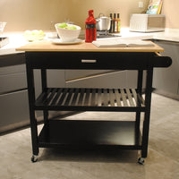 Mobile Kitchen Island Cart with Lockable Wheels Rubber Wood Top Black Design Perfect for Entertaining