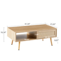 41.34 Inch Rattan Coffee Table with Sliding Door Storage Solid Wood Legs Modern Living Room Furniture Natural Design