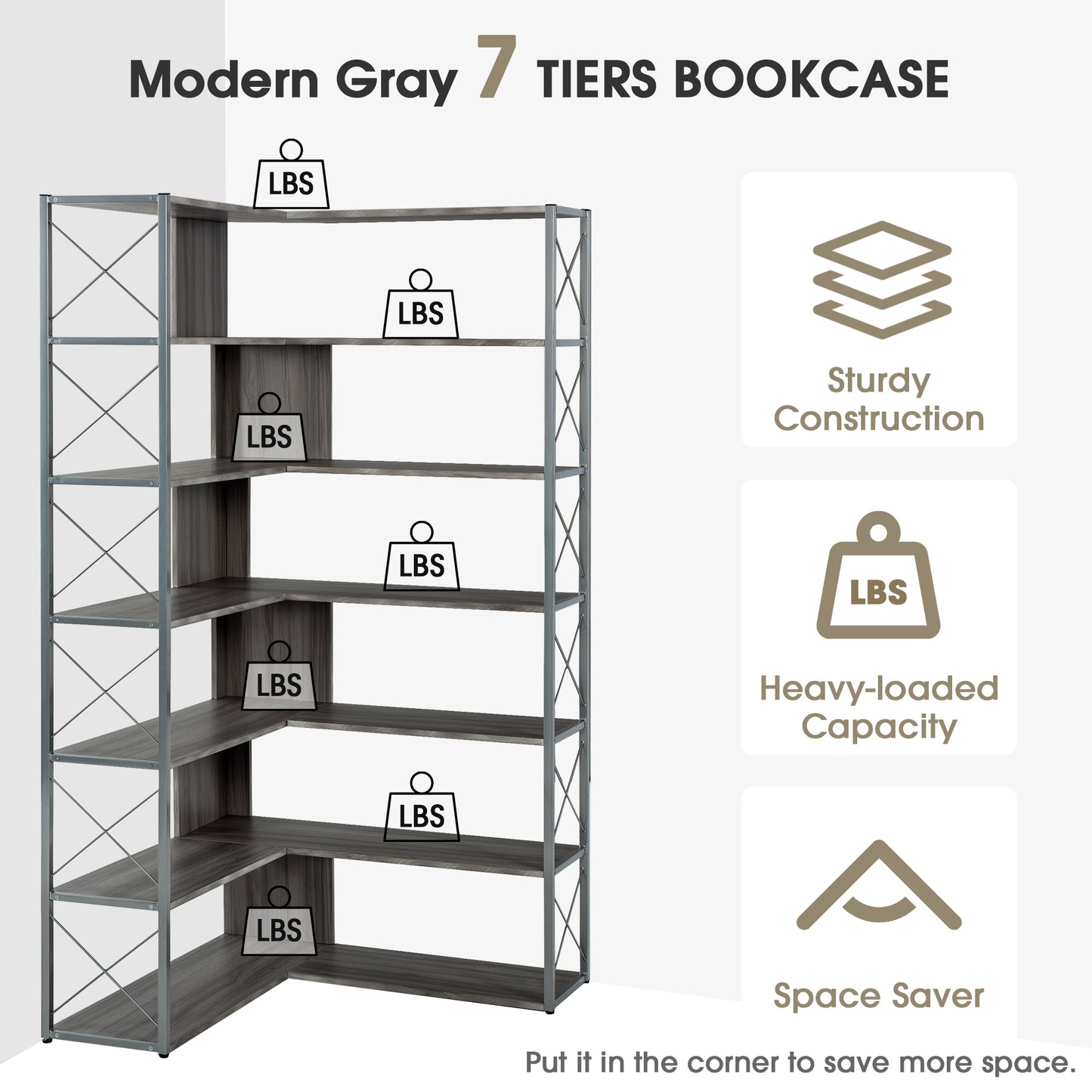 L-Shaped 7-Tier Corner Bookcase Industrial Style Metal Frame Open Storage Shelf MDF Board Home Office Furniture