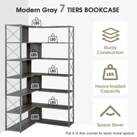 L-Shaped 7-Tier Corner Bookcase Industrial Style Metal Frame Open Storage Shelf MDF Board Home Office Furniture