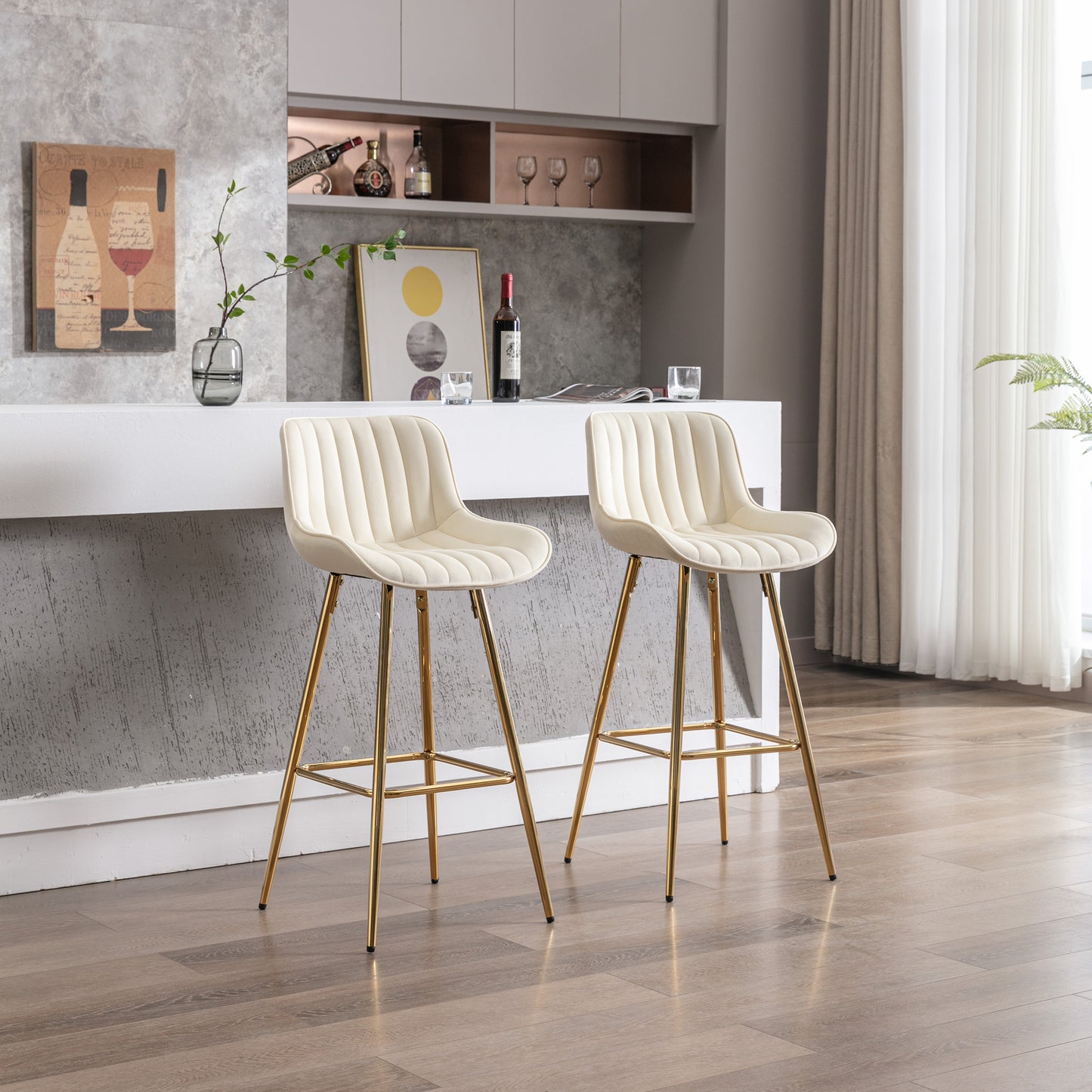 30 Inch Set of 2 Velvet Bar Stools with Chrome Footrest Golden Legs Simple High Counter Stool Cream