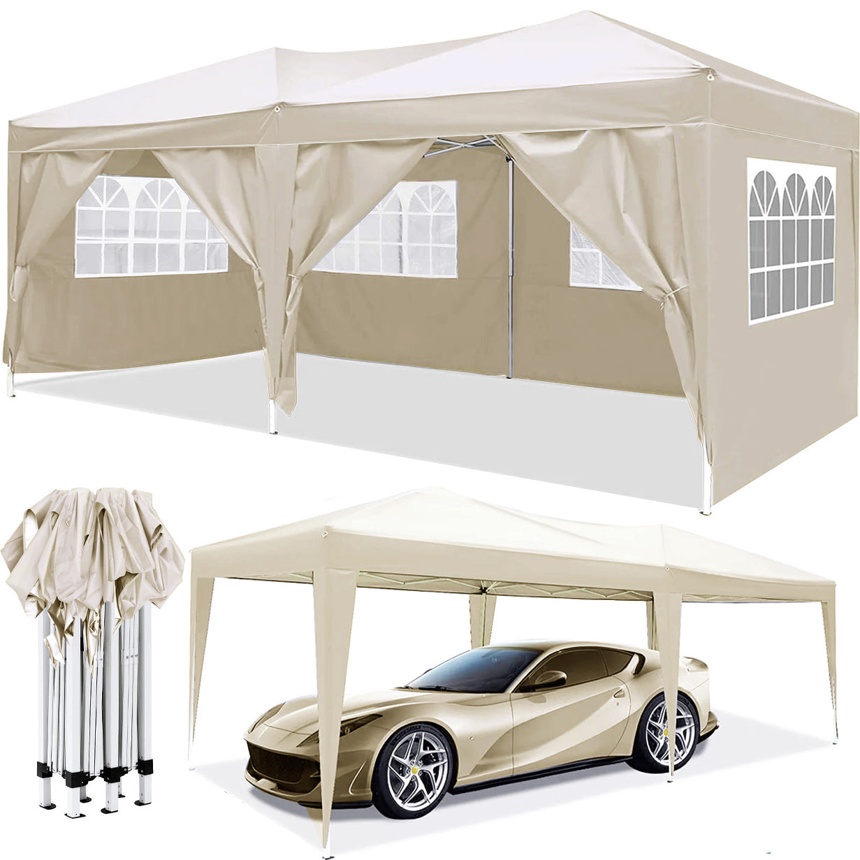 10'x20' EZ Pop Up Canopy Outdoor Portable Party Folding Tent with 6 Removable Sidewalls + Carry Bag + 4pcs Weight Bag