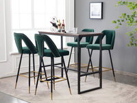 Modern Velvet Upholstered Bar Stool Set of 2 with Nailheads and Gold Tipped Black Metal Legs Green