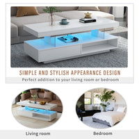 Modern LED Coffee Table with Storage and 2 Drawers, Accent Center Table with Display Shelves for Living Room, White