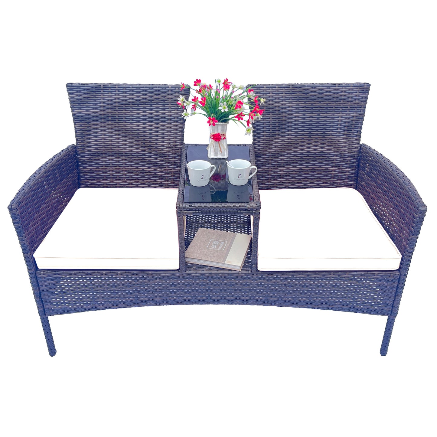 Modern Wicker Patio Conversation Set with Removable Cushions and Tempered Glass Table for Garden and Backyard