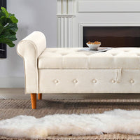 62 Inch Tufted Button Storage Bench Modern Fabric Ottoman Rolled Arm Design for Bedroom Living Room Foyer Beige