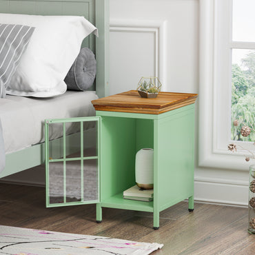 Nightstand with Storage Cabinet Solid Wood Tabletop Bedside Table Sofa Side Coffee Table for Bedroom Living Room Green