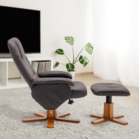 Swivel Recliner Chair with Ottoman Faux Leather Beige Brown Wood Base for Living Room Bedroom